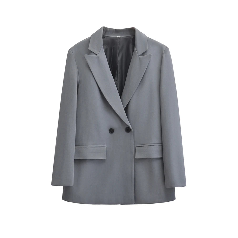 TRZA - Blazer feminino de abotoamento duplo para escritório, manga comprida, bolsos com aba, agasalho feminino, blusas chiques, moda