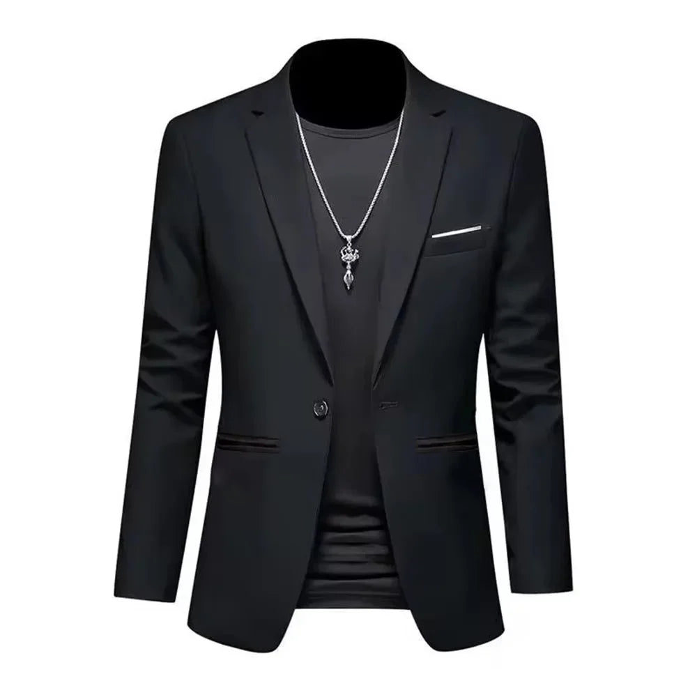 Chaqueta de traje informal de estilo boutique para hombre, de otoño, de corte entallado, sin planchado, con un solo botón, blusa formal lisa