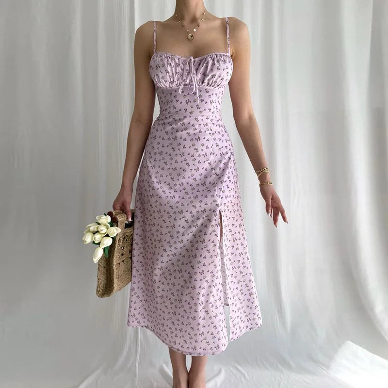 Vestido largo ajustado con estampado floral elegante para mujer, ropa de calle para vacaciones en la playa, verano 2024, artículos al por mayor para negocios.