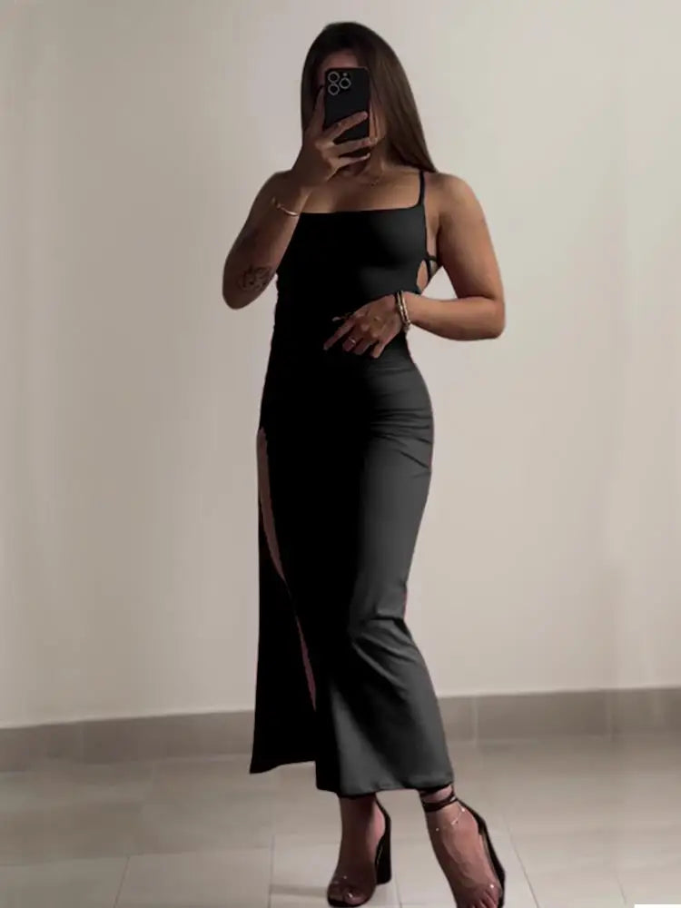 Vestido nuevo explosivo de verano 2024, vestido de alta sensibilidad con tirantes tipo halter y bolso Spice Girl a la cadera.