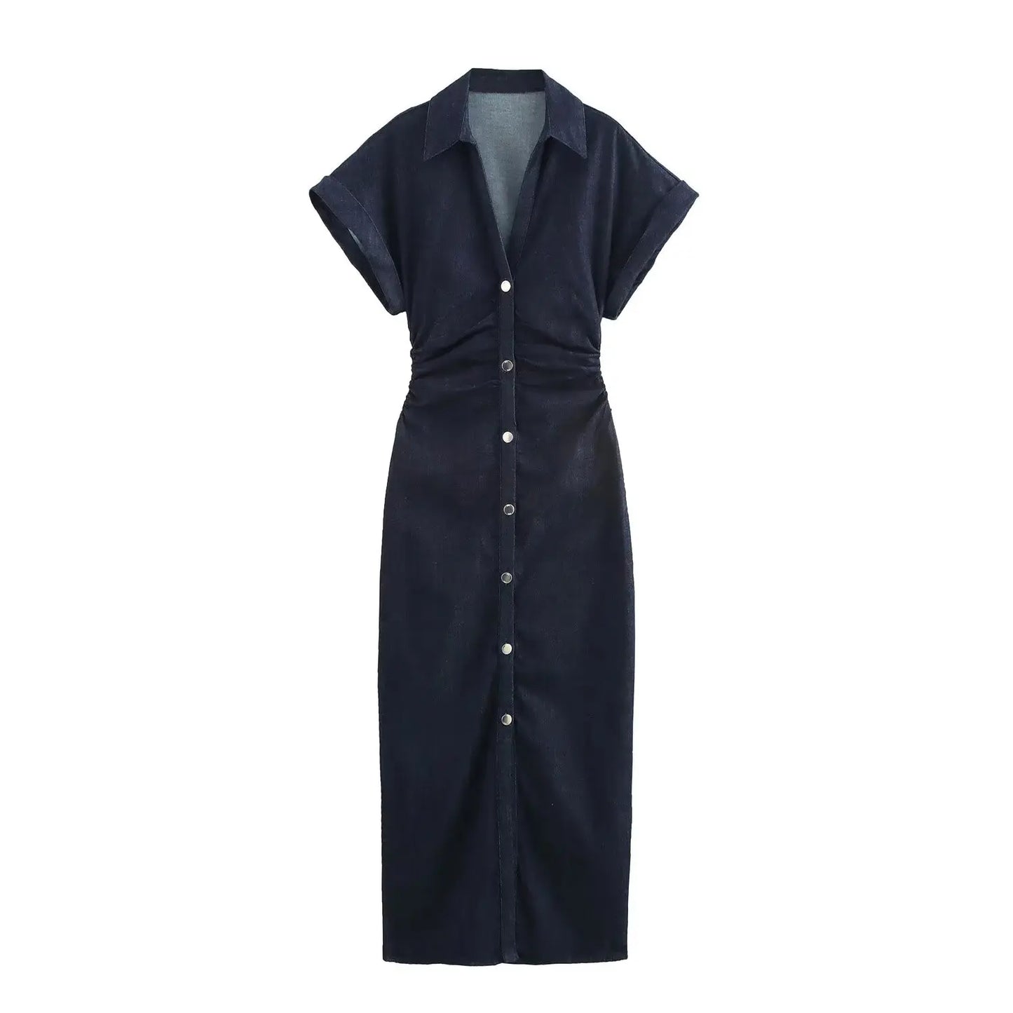 Vestido MIDI de mezclilla con solapa y cremallera lateral, estilo ETJ 2025 traf Primavera 1975, cintura arrugada, elegante y ajustado.
