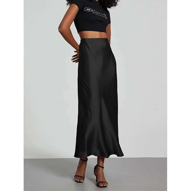 Falda larga de satén de moda para fiesta, cintura alta, color liso, informal, básica, de cola de pez, atuendo elegante de verano para mujer 2025