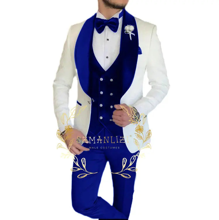 Conjunto de 3 piezas de blazer jacquard con estampado de cachemira blanca para hombre, traje de fiesta, esmoquin para novio, trajes de boda