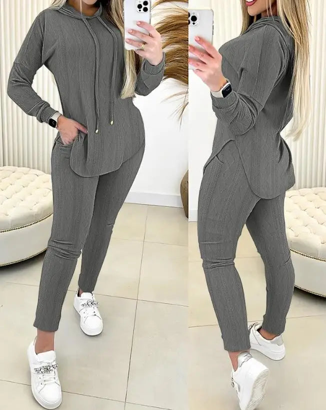 Conjunto casual de duas peças, roupas femininas, moletom com capuz e manga comprida texturizado, conjunto de calças com bolso, moda outono 2024