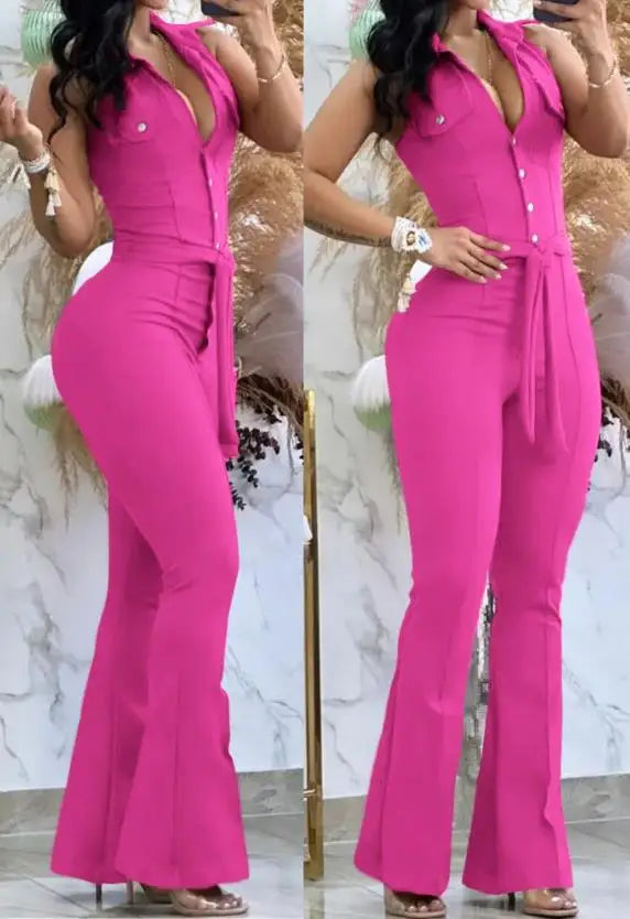 Macacão feminino sexy 2023, gola virada para baixo, sem mangas, skinny, alargado, peça única, roupa da moda, macacão