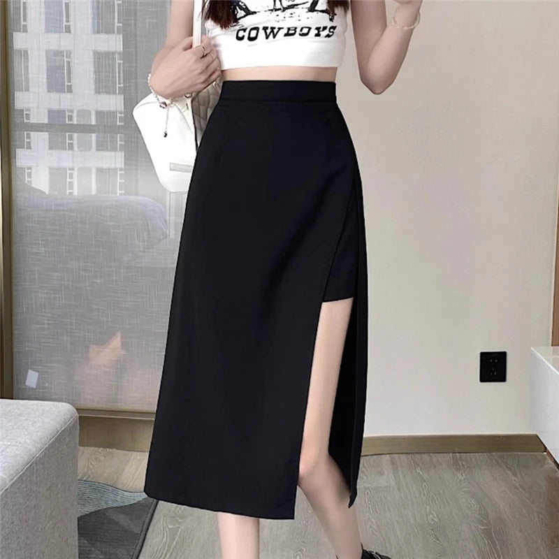 Falda negra de cintura alta con abertura irregular en la cadera para mujer, estilo Harajuku vintage de verano, longitud media, 2023