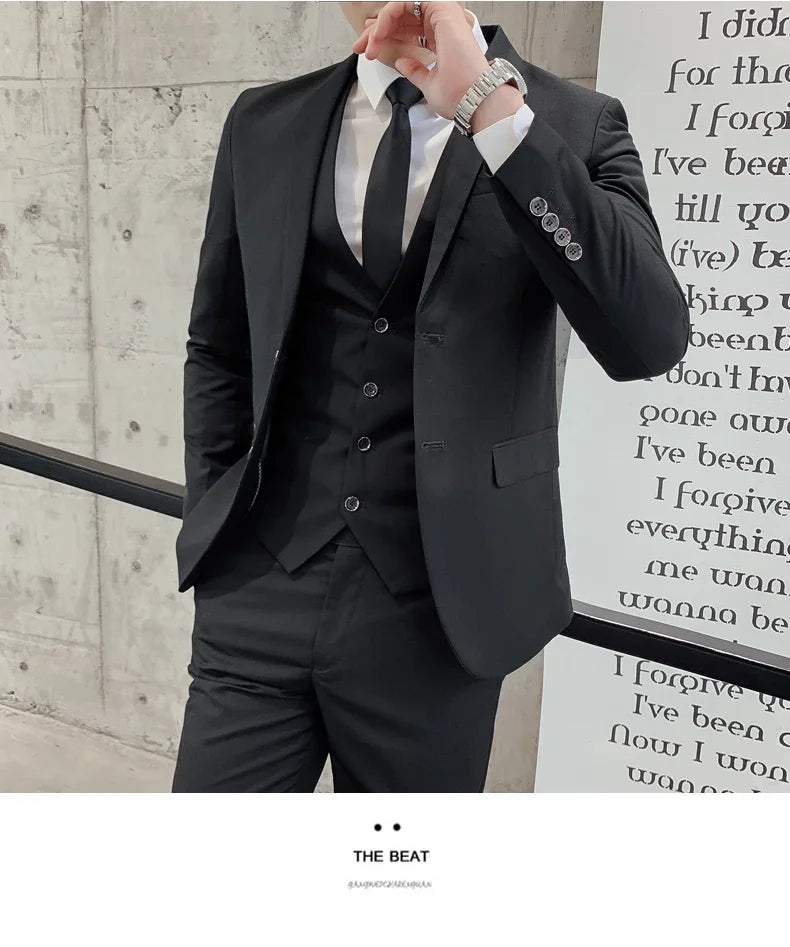 Terno (blazer + colete + calça) masculino, estilo executivo, slim, cor sólida, plus size, vestido justo, casamento, padrinho