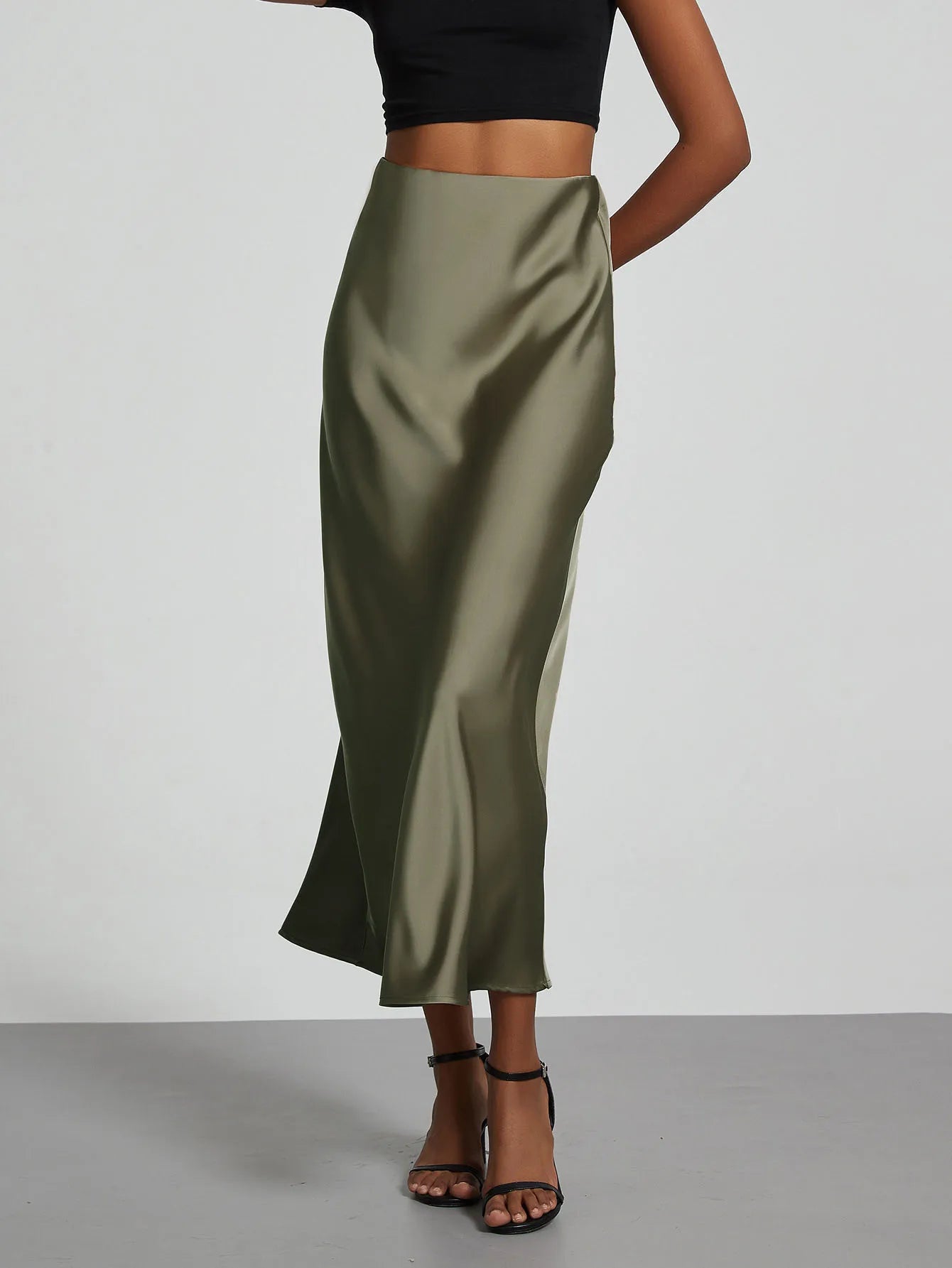 Falda larga de satén de moda para fiesta, cintura alta, color liso, informal, básica, de cola de pez, atuendo elegante de verano para mujer 2025