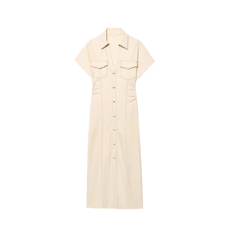 Vestido MIDI de mezclilla con solapa y cremallera lateral, estilo ETJ 2025 traf Primavera 1975, cintura arrugada, elegante y ajustado.