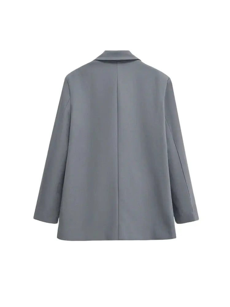 TRZA - Blazer feminino de abotoamento duplo para escritório, manga comprida, bolsos com aba, agasalho feminino, blusas chiques, moda