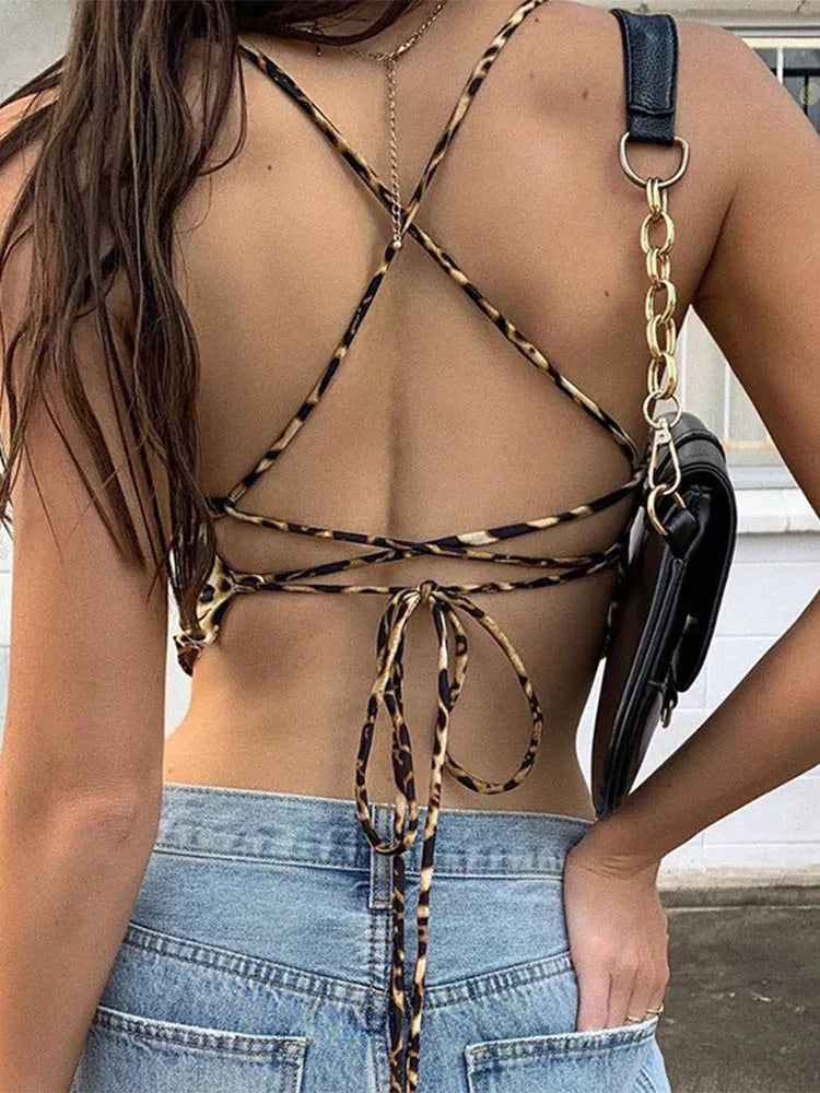 Regatas femininas com estampa de leopardo, costas nuas, trajes rave sensuais, sem mangas, cruzado, com cadarço, top curto, moda urbana de verão