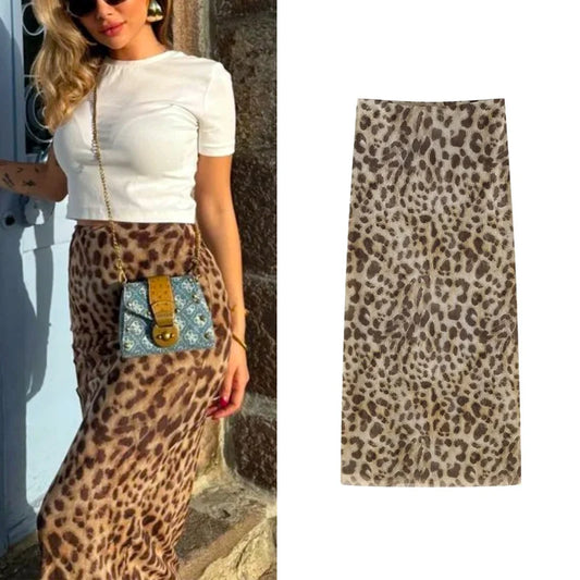 TRAF Saias Longas de Leopardo Femininas 2024 Primavera Verão Outono Elegante Festa Estampada Saias Femininas Moda Casual Escritório Saias Midi