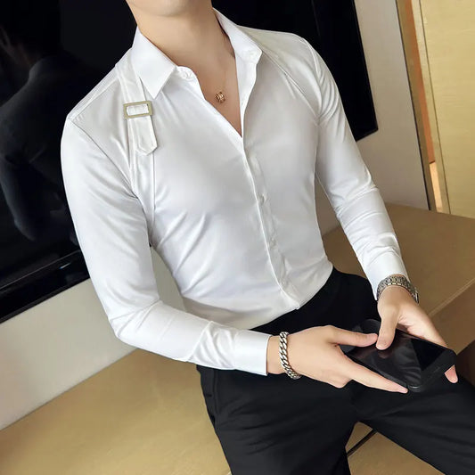 Strap Decorative Design Shirt, Men's Clothing 2023, Korean Long Sleeve Shirt, Slim Fit, Casual Shirt, Dress Shirt for Nightclub and Prom