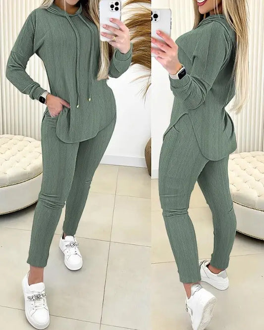 Conjunto casual de duas peças, roupas femininas, moletom com capuz e manga comprida texturizado, conjunto de calças com bolso, moda outono 2024