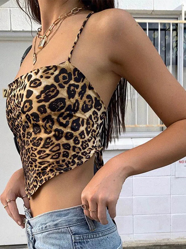 Regatas femininas com estampa de leopardo, costas nuas, trajes rave sensuais, sem mangas, cruzado, com cadarço, top curto, moda urbana de verão