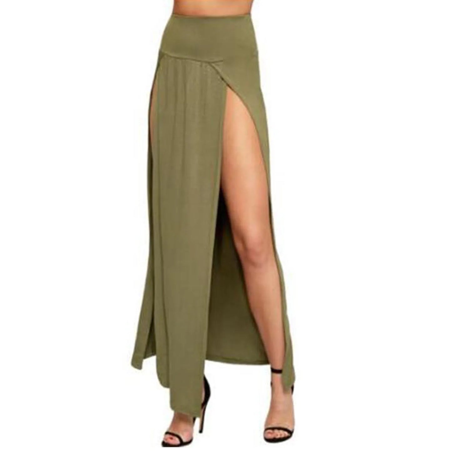 Sexy High Slit Long Skirts for Women Summer Casual Double Side Slit Beach Skirt Solid Color High Waist A-line Faldas