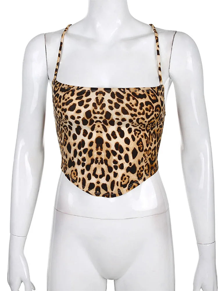 Regatas femininas com estampa de leopardo, costas nuas, trajes rave sensuais, sem mangas, cruzado, com cadarço, top curto, moda urbana de verão