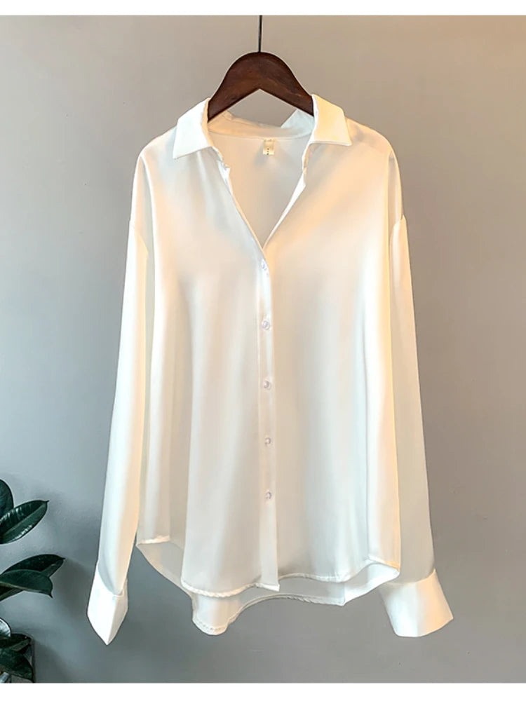 Blusa feminina de manga comprida para escritório, outono de 2023, sobrecamisa de cetim, roupa feminina elegante, estilo coreano, blusa de grife de luxo