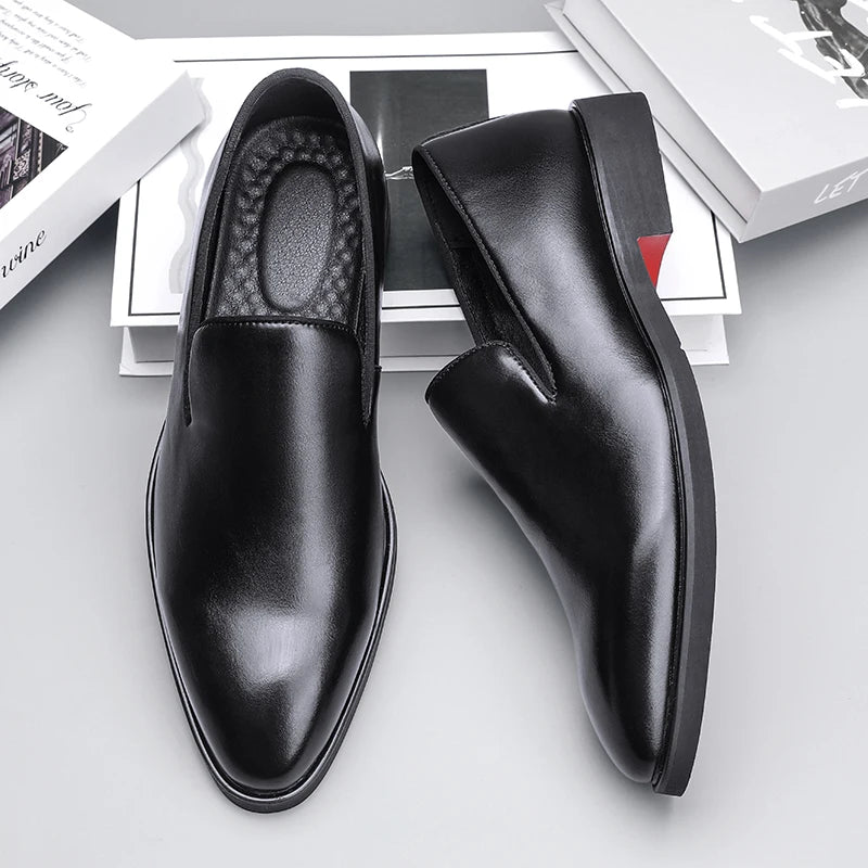 Zapatos formales de cuero sin cordones para hombre, mocasines casuales, zapatos de boda negros, elegantes zapatos Oxford de punta puntiaguda para oficina