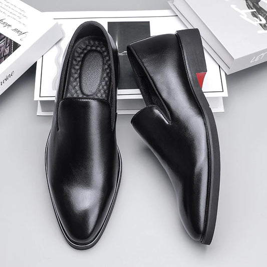 Men's formal leather slip-on shoes, casual loafers, black wedding shoes, elegant pointed toe oxford shoes for office