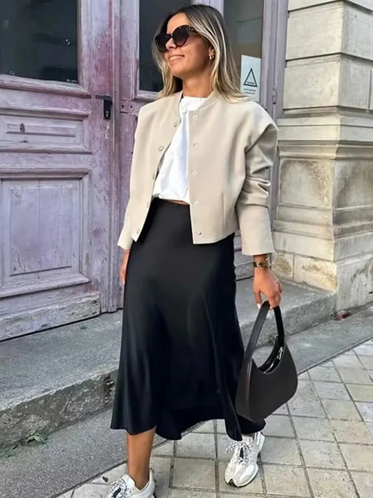 TRAF Mulher 2024 Saia de cetim feminina cintura alta saias longas para mulheres verão saia midi preta escritório elegante saias femininas