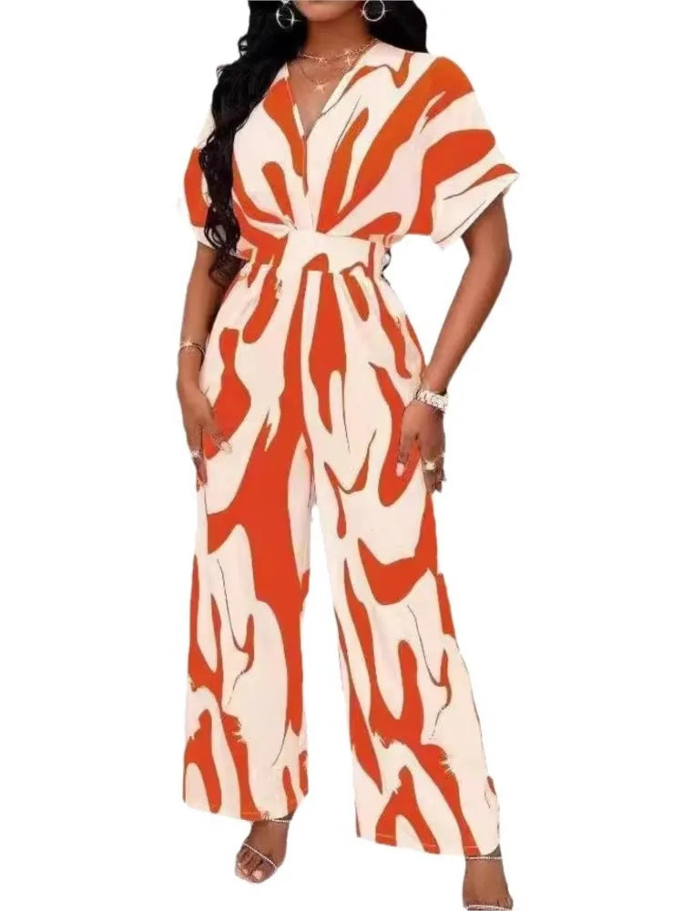 Macacão feminino da moda, manga curta, cintura alta, sexy, decote em V, estampa, perna larga, calças compridas, macacão de verão, novo, roupa casual feminina