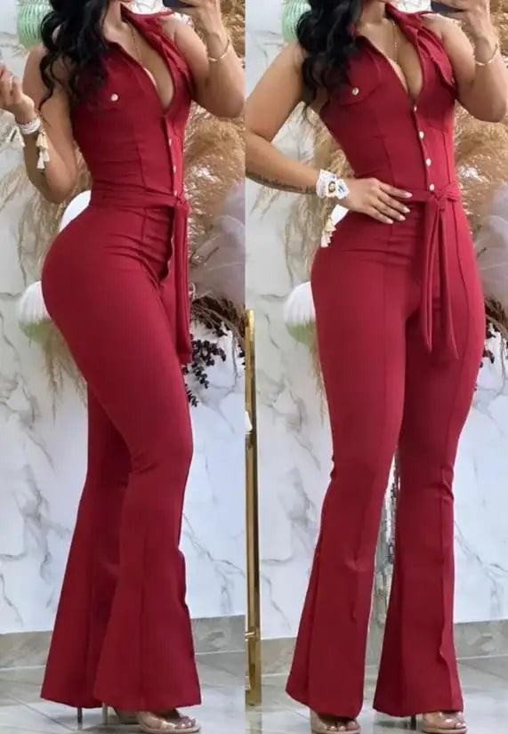 Macacão feminino sexy 2023, gola virada para baixo, sem mangas, skinny, alargado, peça única, roupa da moda, macacão