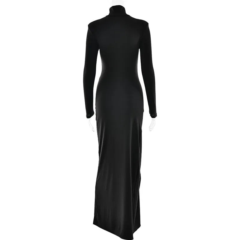 Mozision Vestido longo sexy com gola alta e fenda alta, para mulheres, moda, manga comprida, drapeado, bandagem, justo, clube, vestido longo