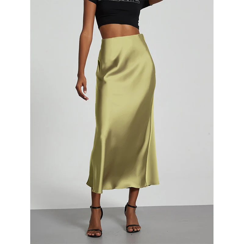 Falda larga de satén de moda para fiesta, cintura alta, color liso, informal, básica, de cola de pez, atuendo elegante de verano para mujer 2025