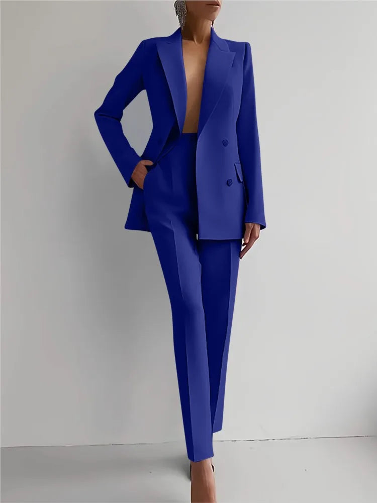 Conjunto de terno casual de manga comprida para primavera e outono, elegante, para escritório, feminino, cor sólida, slim, tops, blazer e calças, conjunto de duas peças, roupa feminina 2025