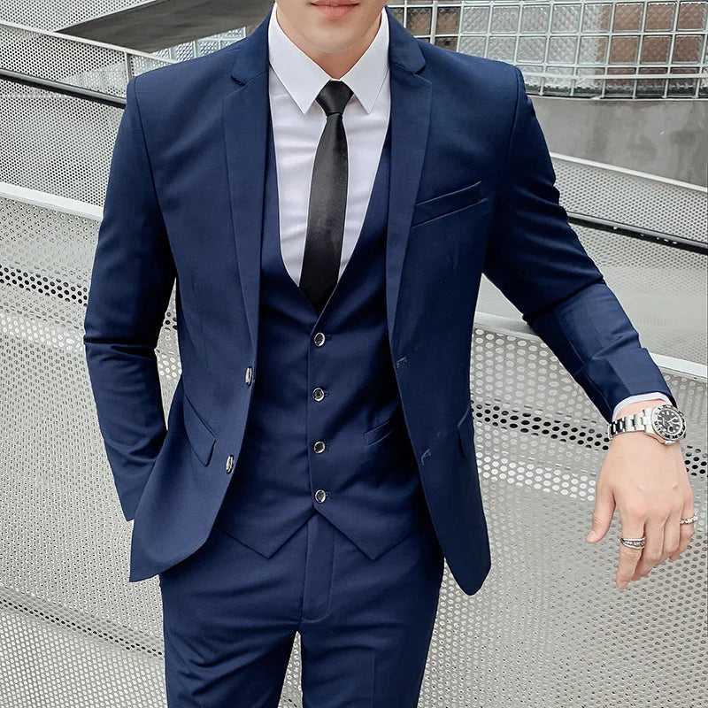 Terno (blazer + colete + calça) masculino, estilo executivo, slim, cor sólida, plus size, vestido justo, casamento, padrinho