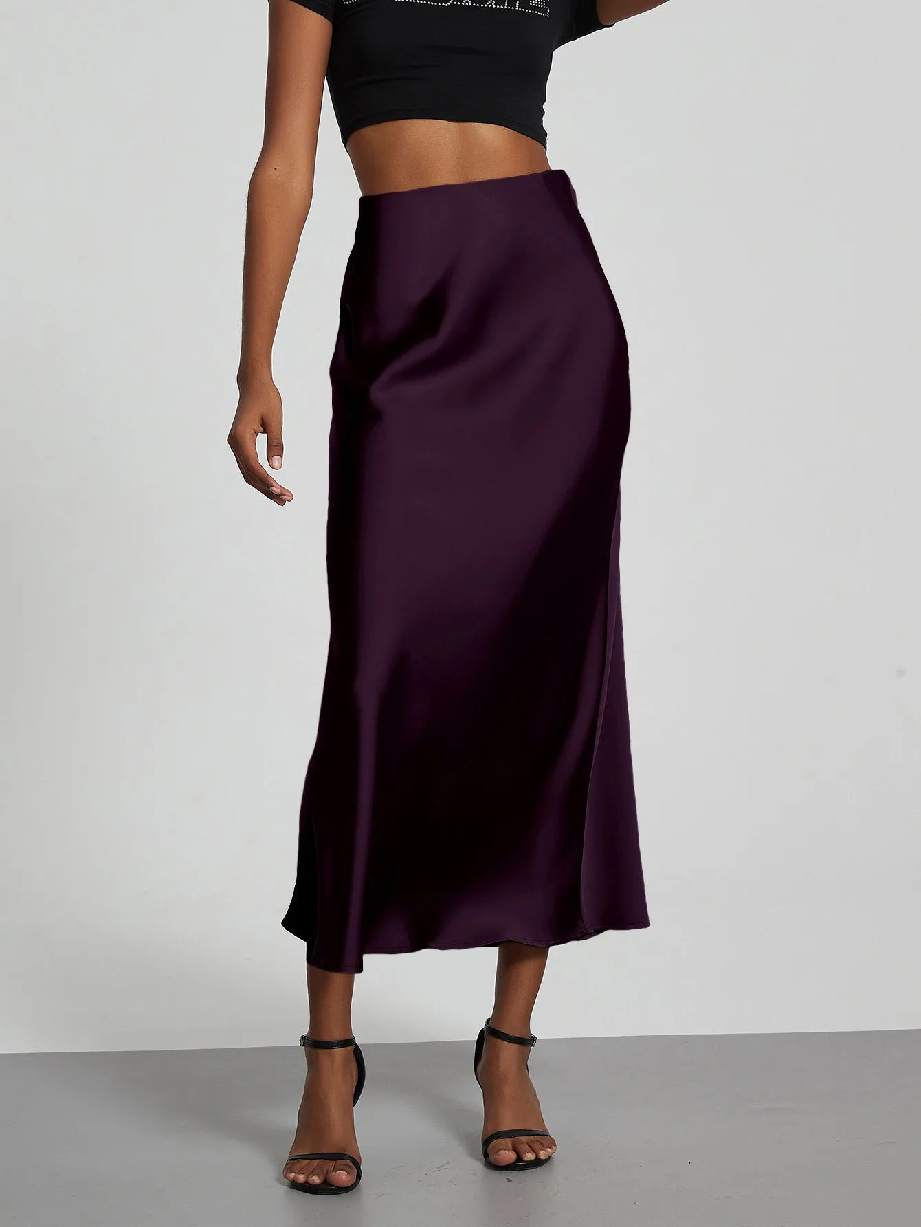 Falda larga de satén de moda para fiesta, cintura alta, color liso, informal, básica, de cola de pez, atuendo elegante de verano para mujer 2025