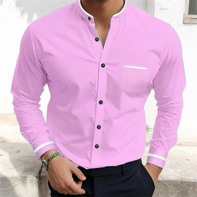 Camisa de manga larga para hombre, nueva, estilo informal, de negocios, de color sólido, con bolsillo de solapa, cómoda y de uso diario para hombre de Europa y América.
