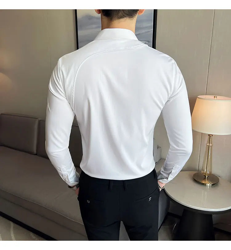 Camisa con diseño decorativo de tiras, ropa para hombre 2023, camisa coreana de manga larga, corte entallado, informal, ideal para discotecas y bailes de graduación.