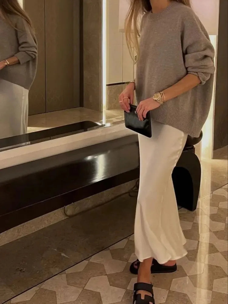 TRAF Mulher 2024 Saia de cetim feminina cintura alta saias longas para mulheres verão saia midi preta escritório elegante saias femininas