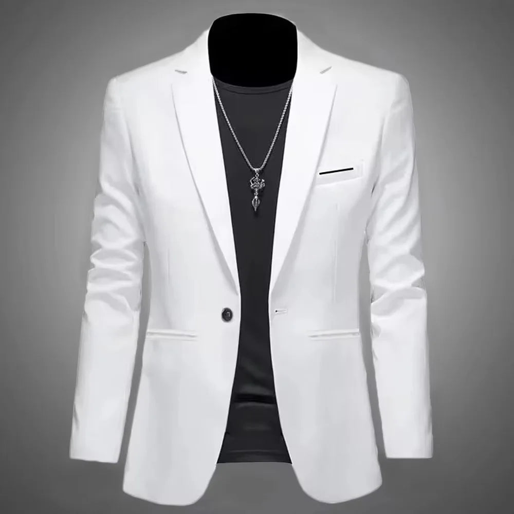 Chaqueta de traje informal de estilo boutique para hombre, de otoño, de corte entallado, sin planchado, con un solo botón, blusa formal lisa
