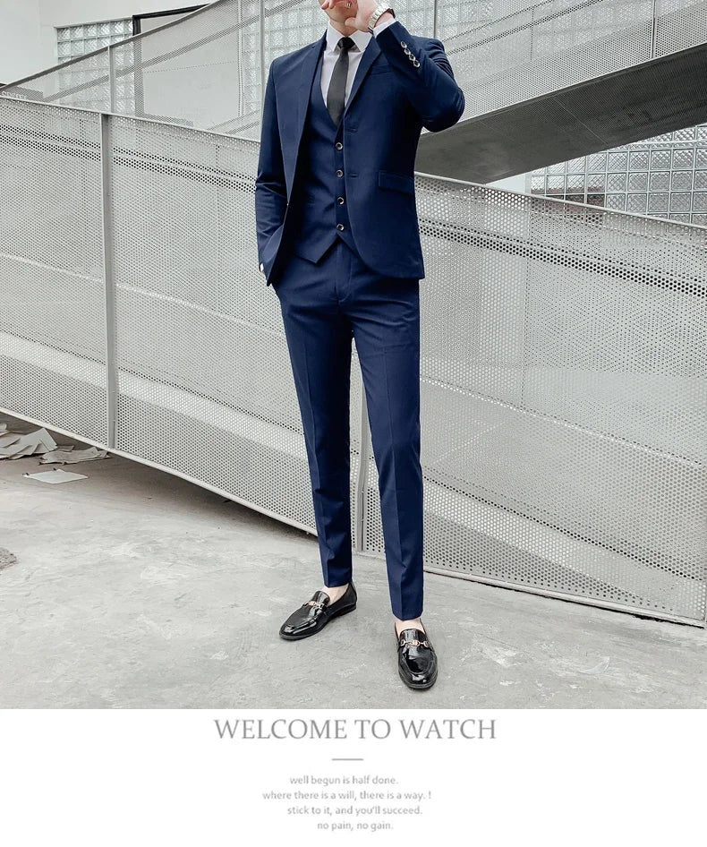 Terno (blazer + colete + calça) masculino, estilo executivo, slim, cor sólida, plus size, vestido justo, casamento, padrinho