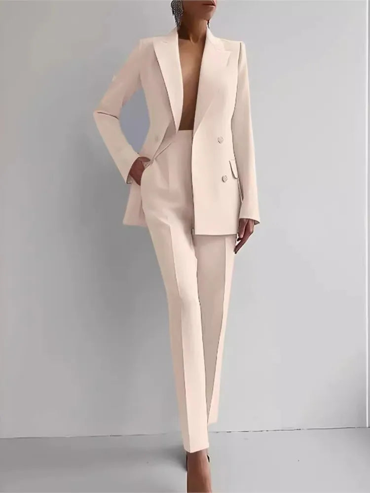 Conjunto de terno casual de manga comprida para primavera e outono, elegante, para escritório, feminino, cor sólida, slim, tops, blazer e calças, conjunto de duas peças, roupa feminina 2025