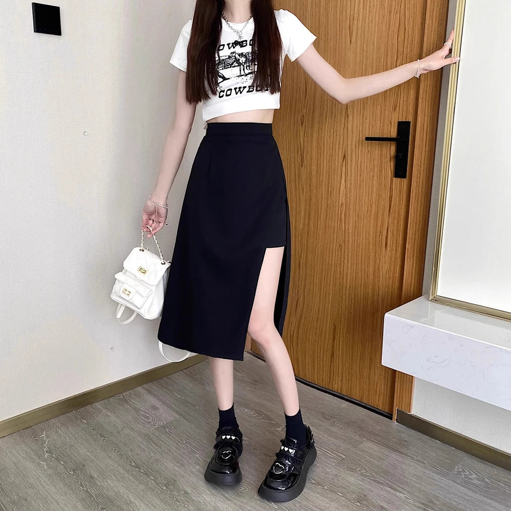 Falda negra de cintura alta con abertura irregular en la cadera para mujer, estilo Harajuku vintage de verano, longitud media, 2023