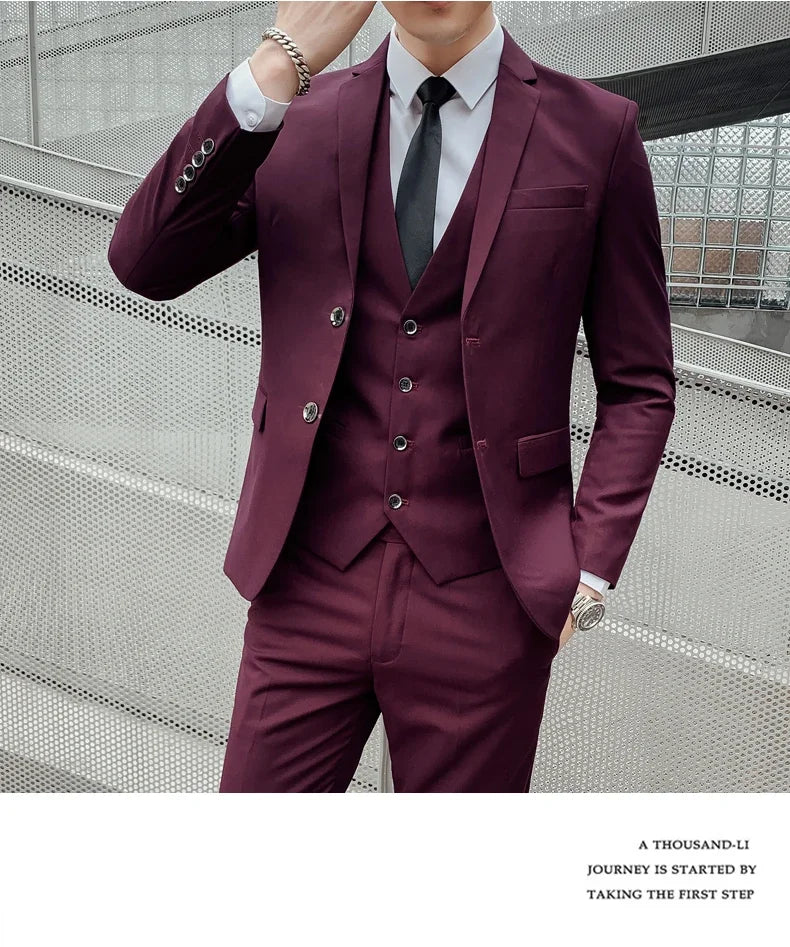 Terno (blazer + colete + calça) masculino, estilo executivo, slim, cor sólida, plus size, vestido justo, casamento, padrinho