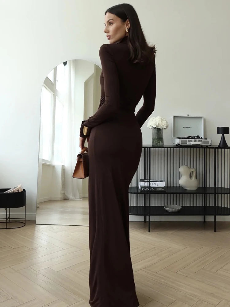Mozision Vestido longo sexy com gola alta e fenda alta, para mulheres, moda, manga comprida, drapeado, bandagem, justo, clube, vestido longo
