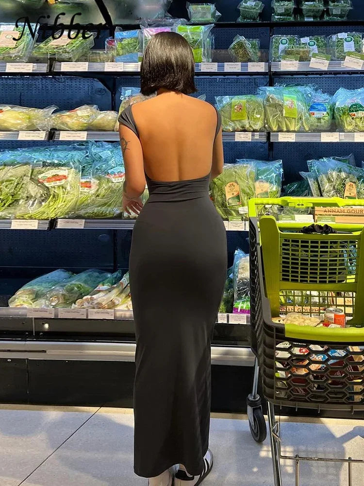 Vestido maxi sexy sin espalda Nibber sólido para mujer, elegante, elástico, ajustado, de manga corta, largo, ajustado, ropa de calle