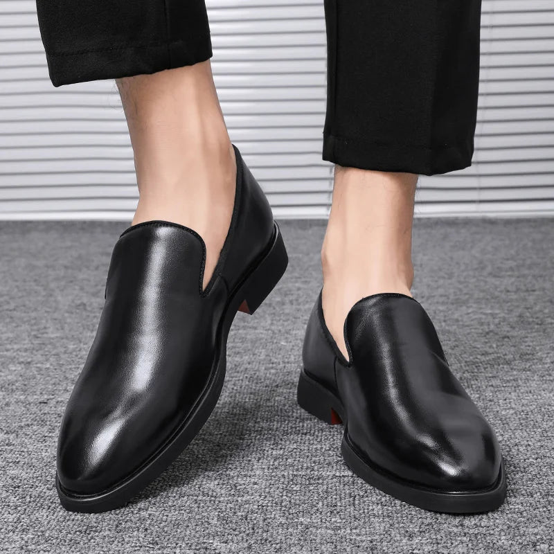 Zapatos formales de cuero sin cordones para hombre, mocasines casuales, zapatos de boda negros, elegantes zapatos Oxford de punta puntiaguda para oficina