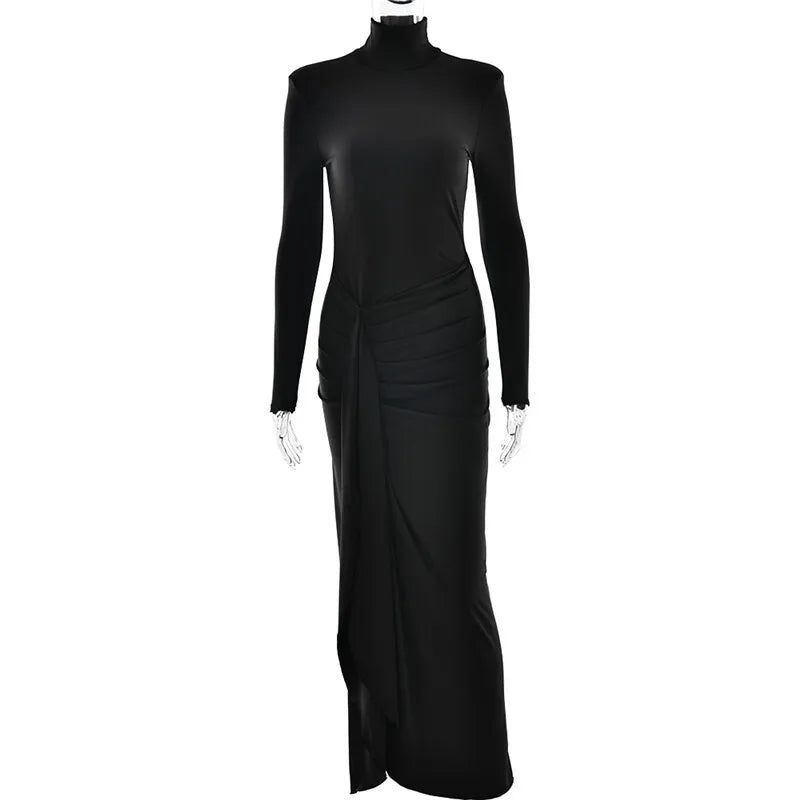 Mozision Vestido longo sexy com gola alta e fenda alta, para mulheres, moda, manga comprida, drapeado, bandagem, justo, clube, vestido longo