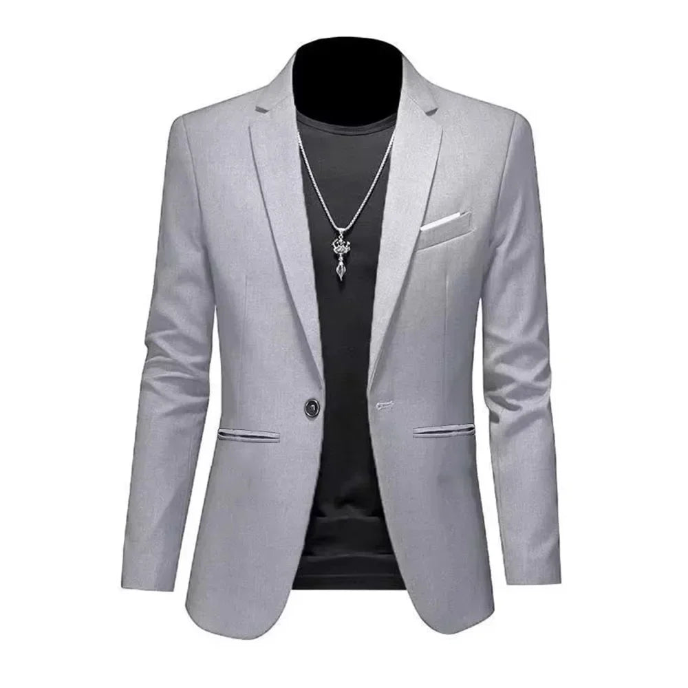 Chaqueta de traje informal de estilo boutique para hombre, de otoño, de corte entallado, sin planchado, con un solo botón, blusa formal lisa
