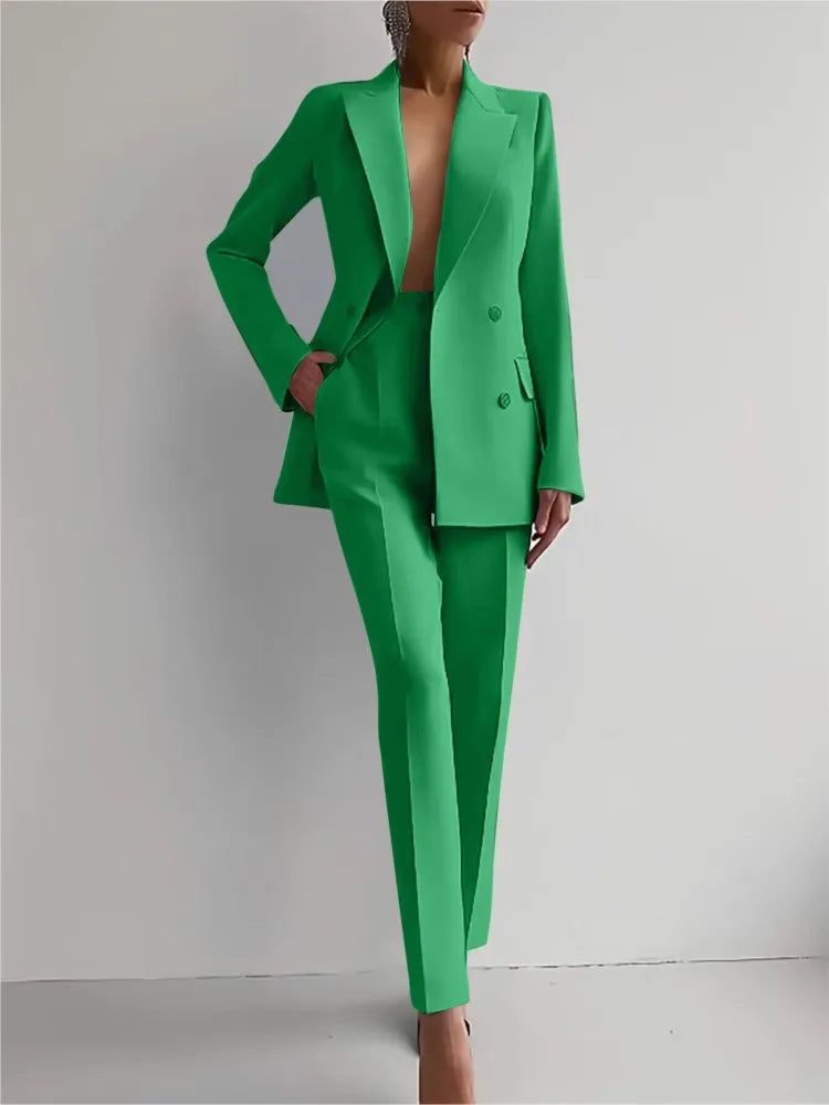 Conjunto de terno casual de manga comprida para primavera e outono, elegante, para escritório, feminino, cor sólida, slim, tops, blazer e calças, conjunto de duas peças, roupa feminina 2025