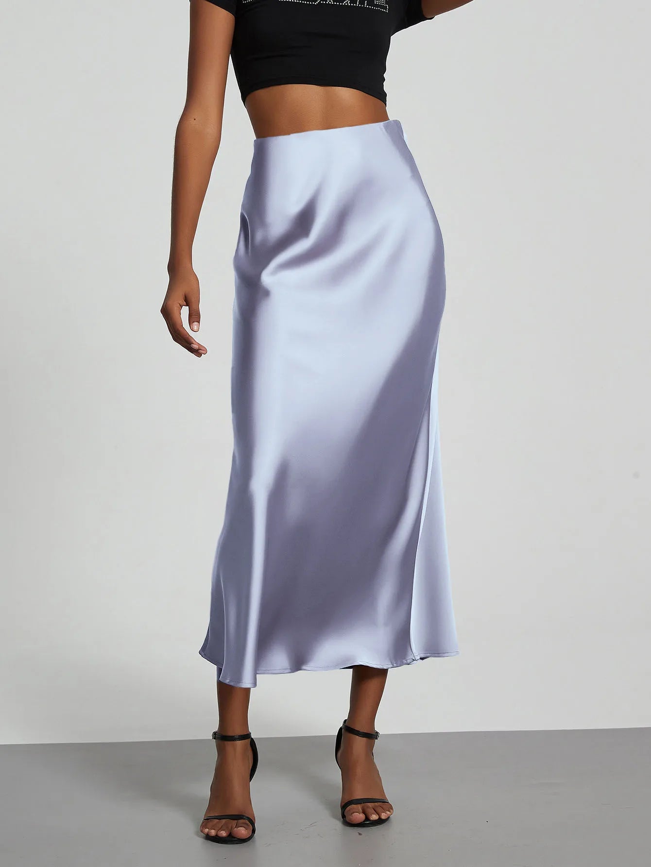 Falda larga de satén de moda para fiesta, cintura alta, color liso, informal, básica, de cola de pez, atuendo elegante de verano para mujer 2025
