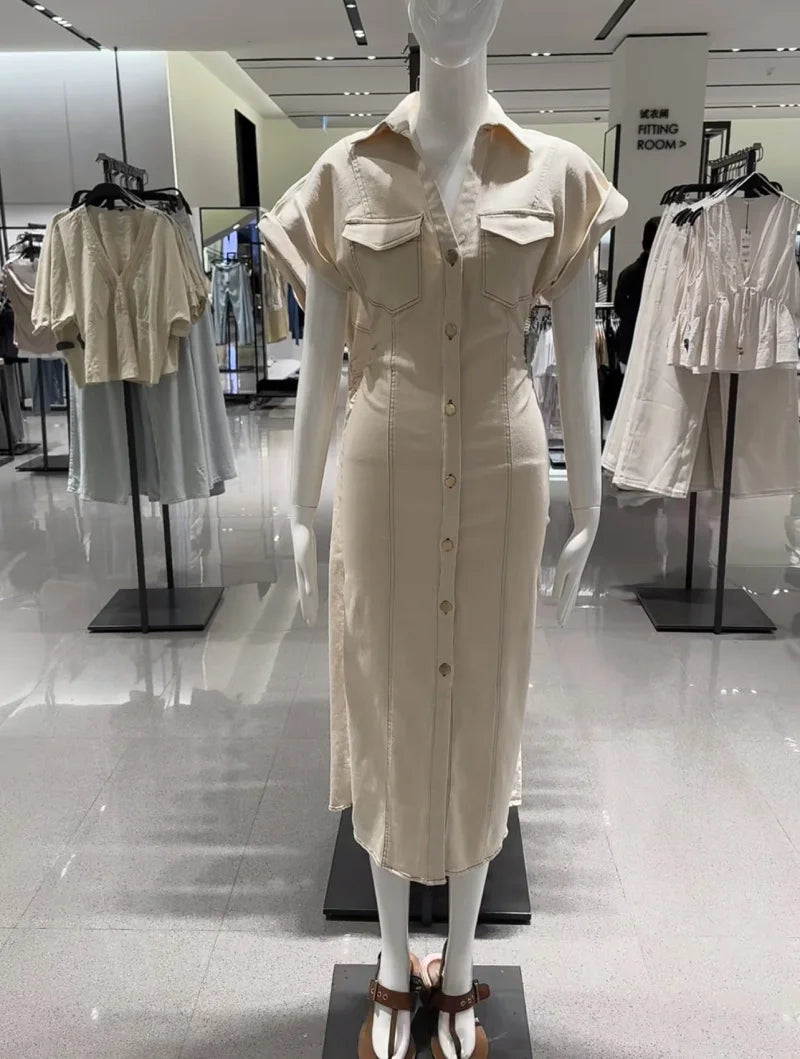 Vestido MIDI de mezclilla con solapa y cremallera lateral, estilo ETJ 2025 traf Primavera 1975, cintura arrugada, elegante y ajustado.