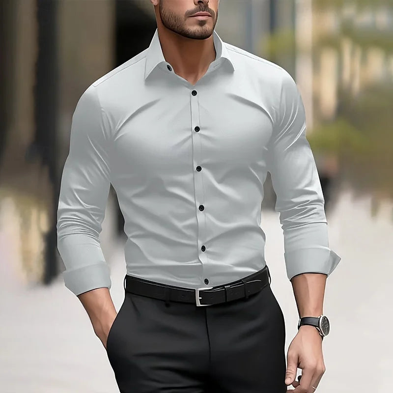 Camisa formal para hombre, color liso, para boda, exterior, negro, rojo, azul marino, verde oscuro, manga larga, solapa, ropa de verano y primavera, tallas XS-6XL