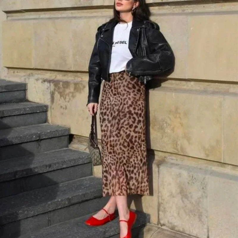 TRAF Saias Longas de Leopardo Femininas 2024 Primavera Verão Outono Elegante Festa Estampada Saias Femininas Moda Casual Escritório Saias Midi